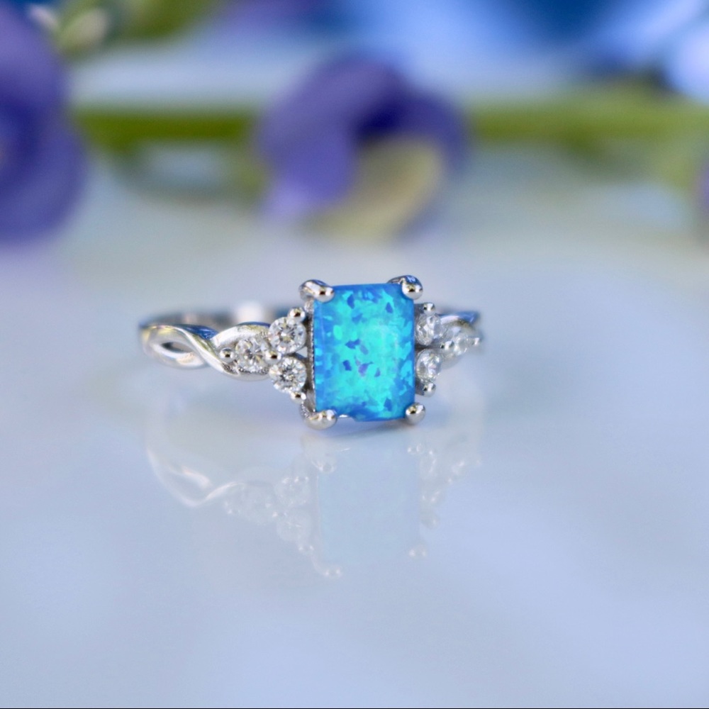 Lab Blue Opal CZ Sterling Silver Ring - Picture 2 of 5